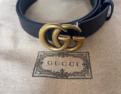 GUCCI Men's GG Slim Leather Belt Black  Size 90-36 Brass Buckle • $315