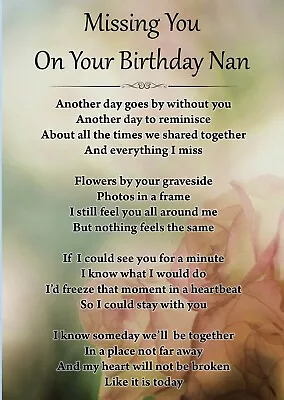 Missing You On Your Birthday Nan Memorial Graveside Poem Card & Free Stake F435 • £3.29