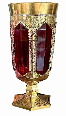 Antique Moser Cabochon Ruby Red Glass/Goblet Gold Scrolls Bohemia 19thC • $135