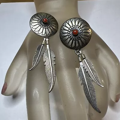 Vintage Coral Dream Catcher Feathers Sterling Silver Earrings Native American • $44