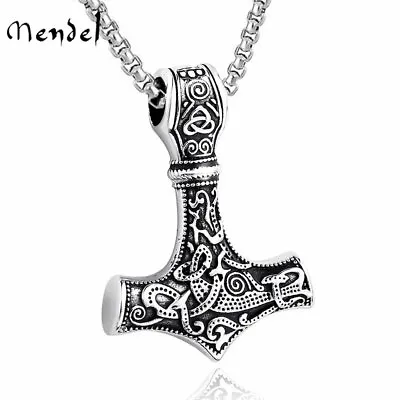 MENDEL Mens Stainless Steel Norse Viking Thors Hammer Mjolnir Pendant Necklace • $10.99