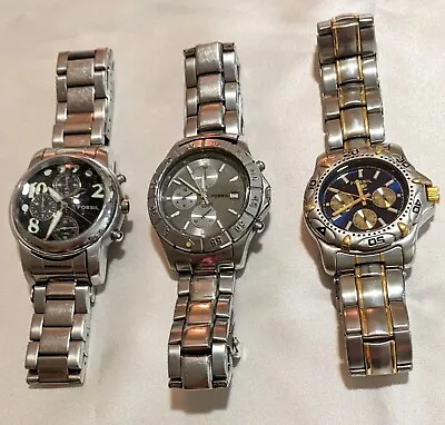 Lot Of 3 Fossil Men's Stainless Wrist Watches Wearable Condition Need Batteries • $15