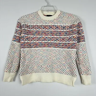 J Crew Wool Sweater Rainbow Fair Isle Womens M White Multicolor Textured • $27
