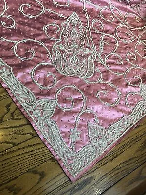 Vintage Queen Pink Satin Bedspread Embroidered Silver Metal Hollywood Regency • $995