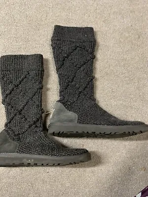 Ugg Australia Womens Classic Argyle Knit Winter Boots Gray Leather Pull On 6 • $37