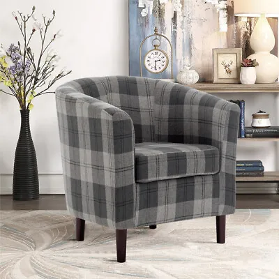 Upholstered Linen Tartan Tub Chair Lounge Armchair Occasional Accent Chair Sofa • £109.95