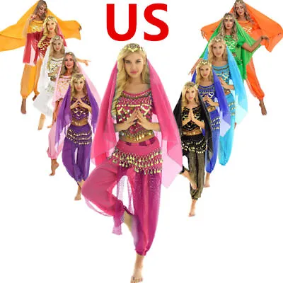 US Women's Outfits Indian Belly Dance Sets Sleeves Sexy Tops Harem Pants Scarf • $8.79