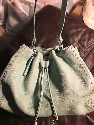 $59 • Buy Sigrid Olsen Baby Blue Leather Drawstring Boho Hobo Handbag Whipstich Pretty