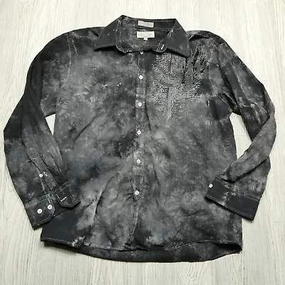 Eighty Eight Shirt Adult XL Gray Tie Dye Button Up Sword Angle Wings Felt Mesn • $37.44