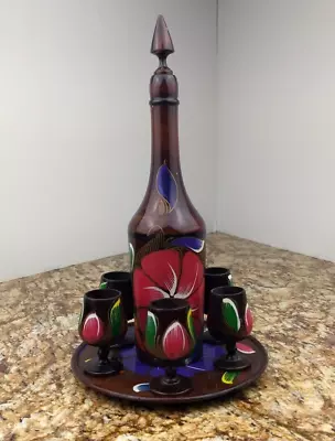 VTG Turned Wood Hand Painted Floral Decanter Set W/ 6 Goblet Shot Glasses & Tray • $39.95