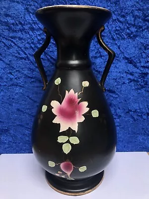 Antique Art Nouveau Sayer Longton Athens Shape Black/Roses 9.75' Vase C.1906 • £11.99