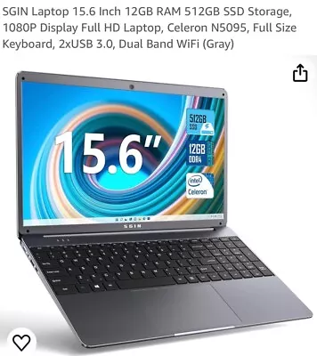 SGIN 15.6 Inch LAPTOP 12GB RAM 512GB SSD 1080P FHD CELERON N5095 1.69KG SEALED • £349.99