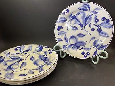 QUADRIFOGLIO Plates White Blue Fruit Salad Dessert Bread Italy Ceramic Lot Of 4 • $15