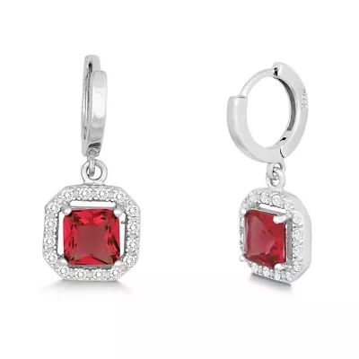 Sterling Silver Square Dangling Red CZ Micro Pave Earrings • $46