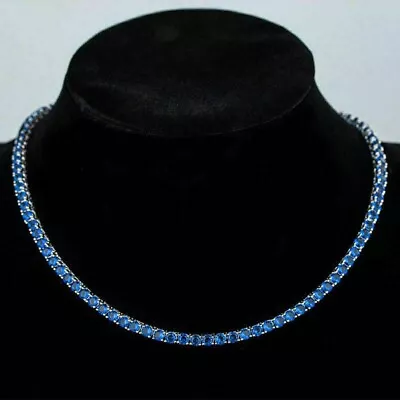 Solid 925 Silver 4mm Lab-Created Blue Sapphire Women's Tennis Necklace In 18  • $212.49