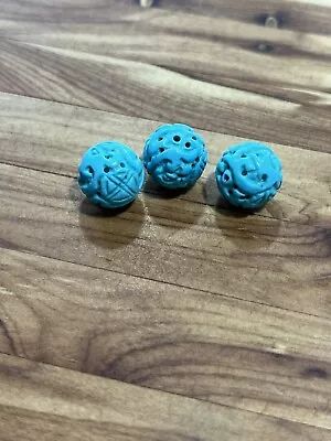 Carved Vintage Chinese Shou Symbol Turquoise Bead  LOT OF 3 • $35