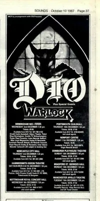 10/10/87pt37 Advert 6x3 Dio & Warlock Tour Dates October 1987 • £6