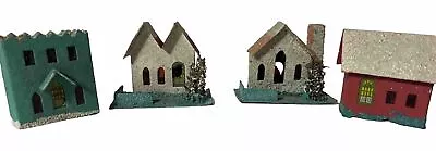 Vintage Putz Christmas Village Cardboard House Mica Trees Japan Set Of 4 • $19.99