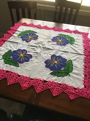 Vintage Embroiderd Tablecloth Topper Bridge Table Cloth BLUE FLOWERS 36” • $20
