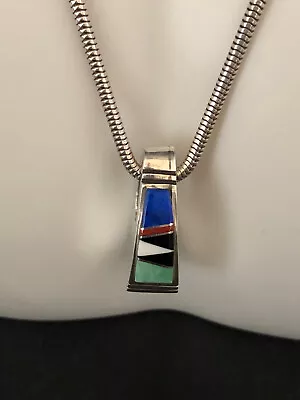 Southwestern Sterling Silver Inlaid Multi Gemstone Pendant Chain Necklace • $20.49