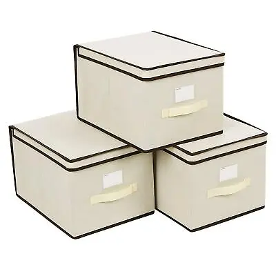 Beige Set Of 3 Foldable Collapsible Fabric Storage Basket Organiser Cubes + Lids • £14.95