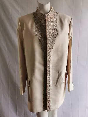 Light Gold Handmade Silk Embroidered & Beaded Indian Jacket Trouser Suit Size 42 • £74.99