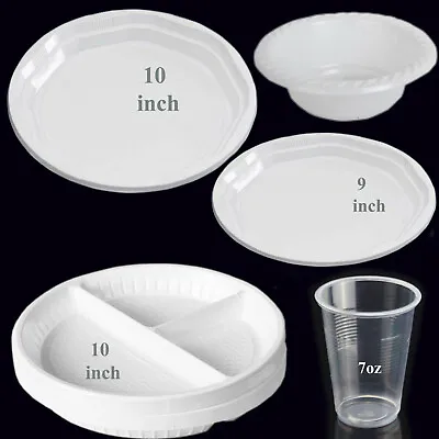 Strong White Plastic Dinner Plates Party Round Disposable Plates Bowls Water Cup • £6.99