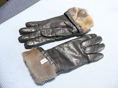 Vtg Women's Rabbit Fur Lined  Leather Gloves Black Gorgeous Size 7 • $19.90