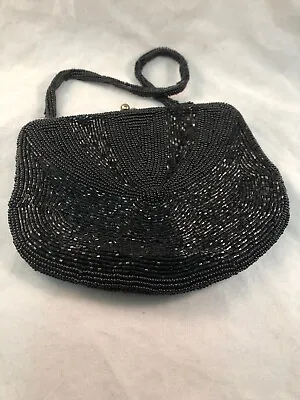 Vintage Shiny Black Beaded Event Evening Handbag Purse Clutch Korea • $19.99