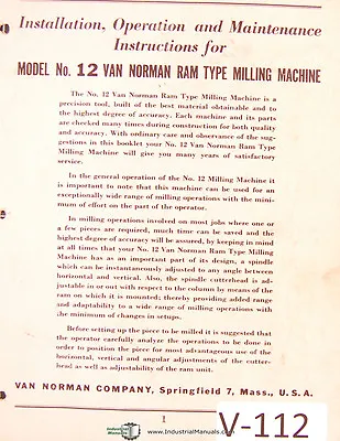 Van Norman 12 Milling Machine Install Operations Maintenance & Parts Manual • $23