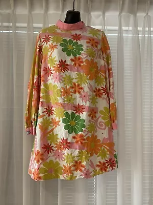 Vintage 1960s Multicoloured Psychedelic Floral Cotton Mod Mini Dress • $24.79