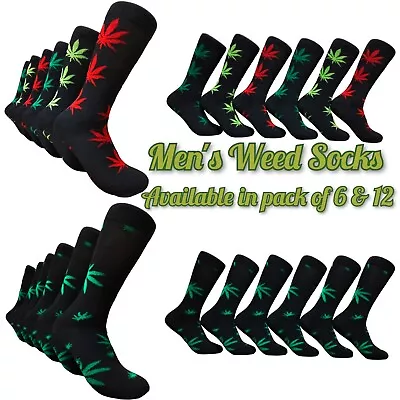 Pack 6 & 12 Mens Weed Leaf Cotton Black Cannabis Ganja Marijuana Socks Size 6-11 • £6.96