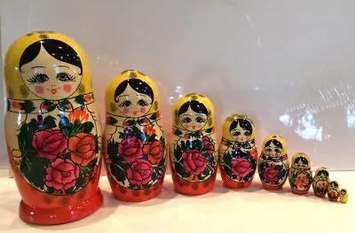 Russian Nesting Dolls9 Pcs Traditional Matryoshka Classic Semyonov Yellow Shawl • $55