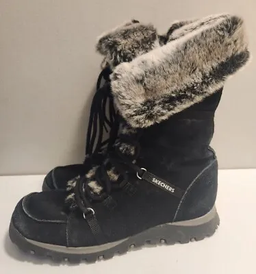 Womens Skechers Grand Jams Snow Boots Size 8.5 Black Suede Faux Fur Side Zip • $29.99