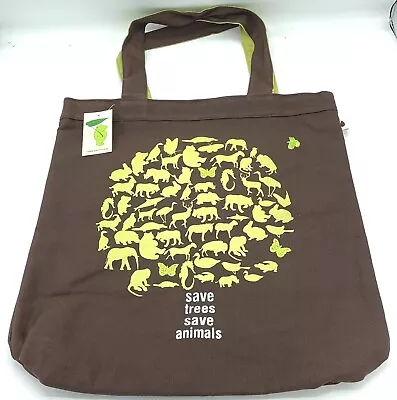 New Cotton Tote Bag ‘Save Trees Save Animals’ Japanese Brown /Green • £3.99