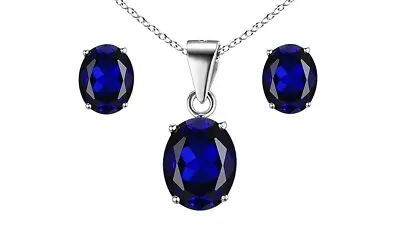 925 Sterling Silver Sapphire Oval Cut Pendant Necklace And Earring Set For Women • $14.99