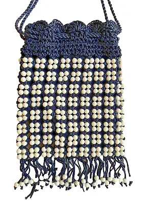 Vintage Crochet Bead Drawstring Purse Bag Blue White Hong Kong Groovy 70s Retro • $9.98