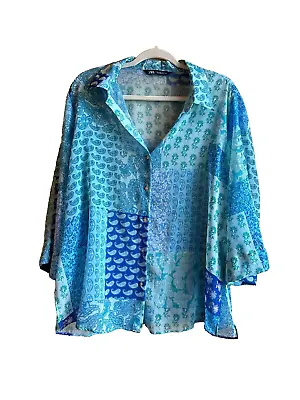 Zara Womens Blue Button Shirt Floral 3/4 Sleeve Collared Sheer Blouse XL • $20