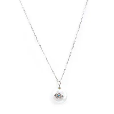 $15.78 • Buy ZARD Asymmetric Freshwater Pearl Evil Eye Charm CZ Pave Pendant Silver Necklace