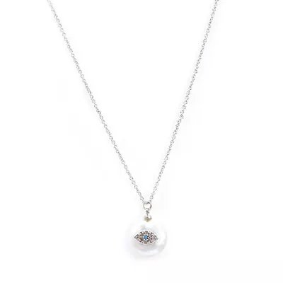 $15.78 • Buy ZARD Asymmetric Freshwater Pearl Evil Eye Charm CZ Pave Pendant Silver Necklace