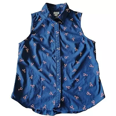 J. Crew Factory Reimagined Dark Blue Lobster Print Button Down Sleeveless Top M • $18