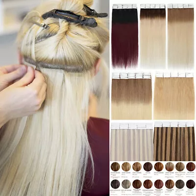 80pcs Invisible Tape In Russian Remy Human Hair Extensions Thick Full Head Ombre • $35.25