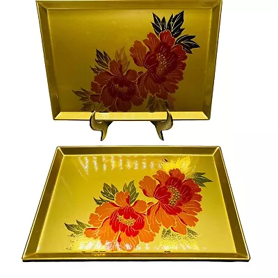 Set Of 3 Vintage Gold Red Floral Lacquerware Small Vanity Trinket Trays Regency • $24.99