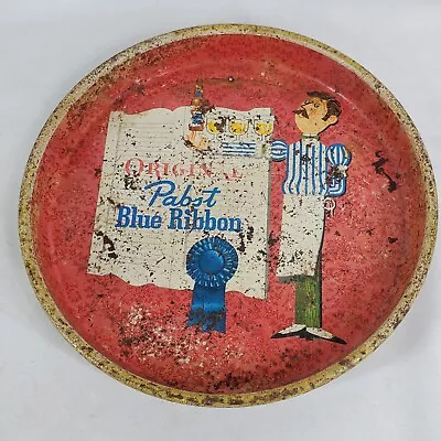 Vtg PABST BLUE RIBBON BEER STEEL TIN METAL SERVING TRAY 1960's RARE PBR 13  Rust • $34.99