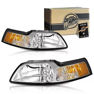 WEELMOTO Headlights Assembly For 1999-2004 Ford Mustang Chrome Corner Lamps Pair • $59.98