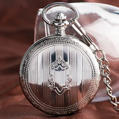 Mens Skeleton Pocket Watch Mechanical Silver Shield Automatic Pendant Watch Gift • $18.93