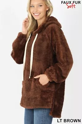 New Women's Faux Fur Relaxed Fit Pullover Kangaroo Pocket Hoodie • $29.99