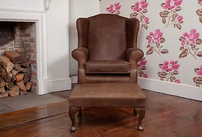 Chesterfield Queen Anne High Back Wing Chair & Footstool In  Brown Leather • £875