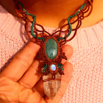 Handcrafted Natural Aquamarine & Himalayan Quartz Boho Micro Macrame Necklace • $38.95