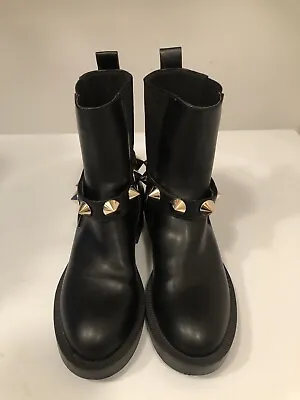 Black Zara Biker Chelsea Ankle Boots With Studded Strap Eu 38 • $20